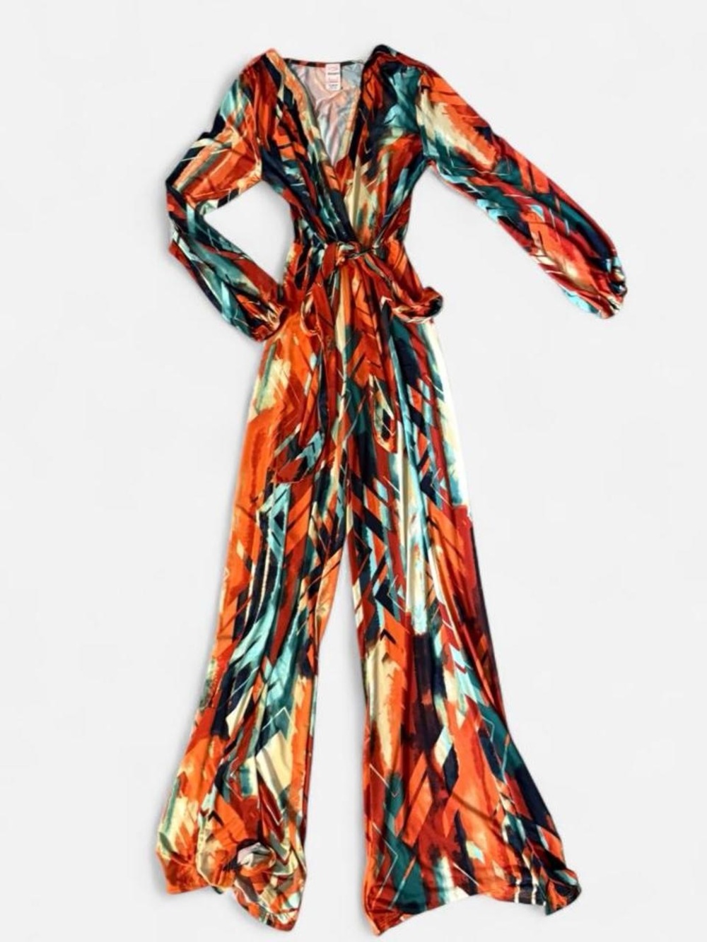 Vibrant Orange Abstract-Print Long-Sleeve Jumpsuit